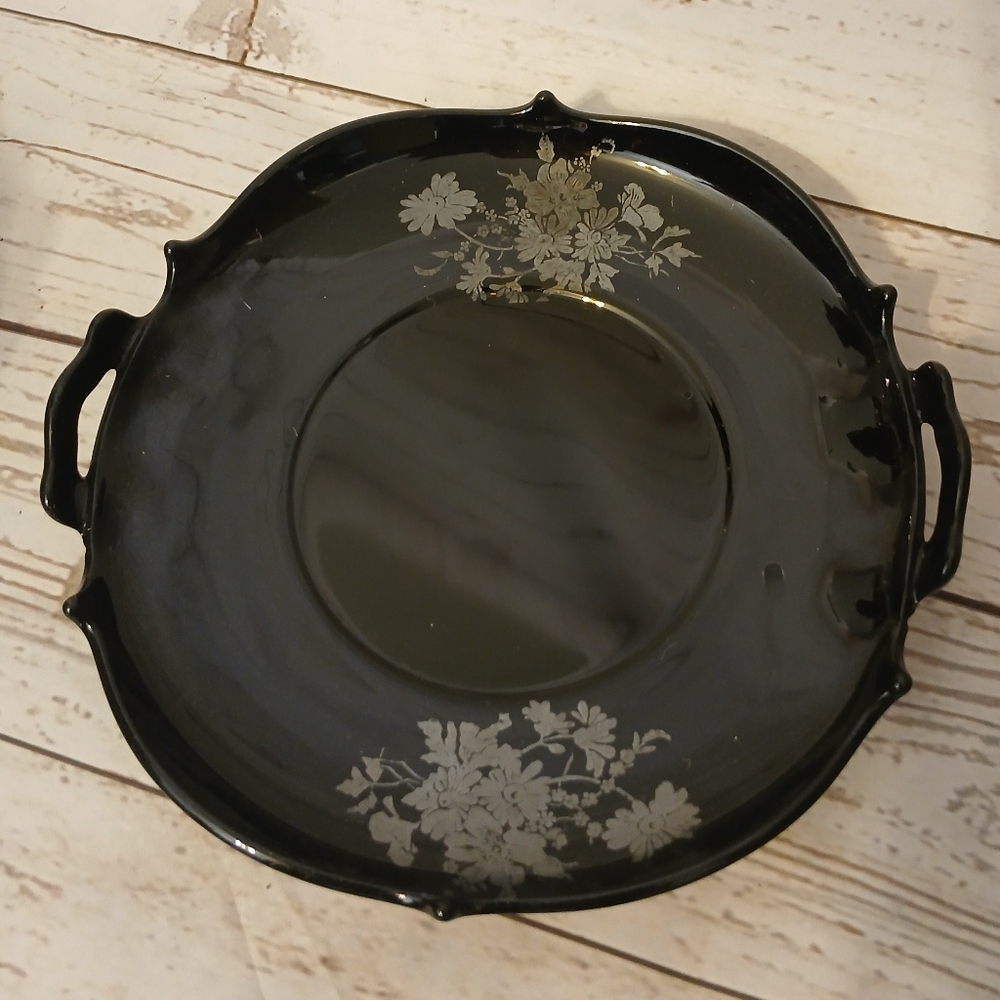 Vintage Elegant Black Floral Serving Tray With Silver Flowers